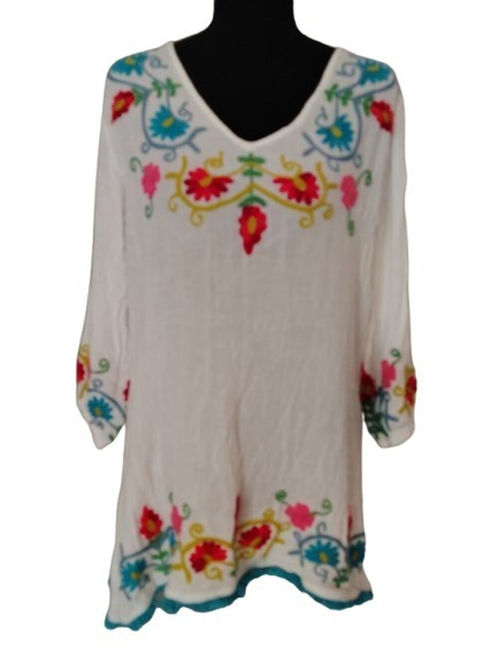 Shoreline Embroidered Boho Tunic Top Dress Sz S/M White Rayon Floral Crochet...